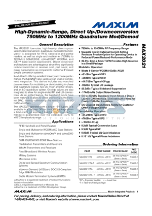 MAX2021ETX-T datasheet - High-Dynamic-Range, Direct Up-/Downconversion 750MHz to 1200MHz Quadrature Mod/Demod