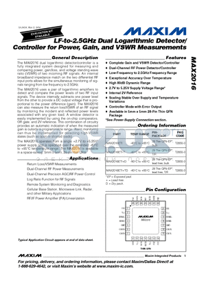 MAX2016ETI-T datasheet - LF-to-2.5GHz Dual Logarithmic Detector/ Controller for Power, Gain, and VSWR Measurements
