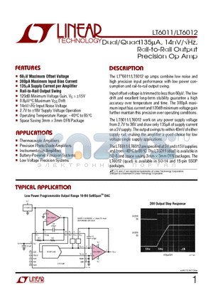 LT6011AIS8 datasheet - Dual/Quad135uA, 14nV/Hz, Rail-to-Rail Output Precision Op Amp