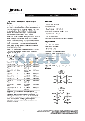 EL5221CY-T13 datasheet - Dual 12MHz Rail-to-Rail Input-Output Buffer