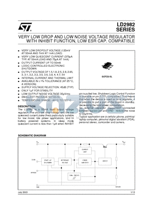 LD2982AM25R datasheet - VERY LOW DROP AND LOW NOISE VOLTAGE REGULATOR WITH INHIBIT FUNCTION, LOW ESR CAP. COMPATIBLE