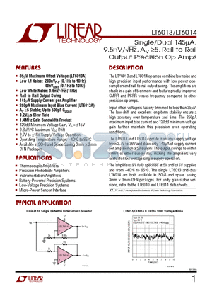 LT6014AIDD datasheet - Single/Dual 145UA, 9.5nV/ SIGMAHz, AV >5, Rail-to-Rail Output Precision Op Amps