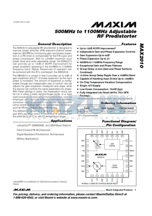 MAX2010ETI-T datasheet - 500MHz to 1100MHz Adjustable RF Predistorter