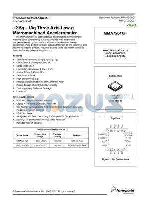 MMA7261QR2 datasheet - a2.5g - 10g Three Axis Low-g Micromachined Accelerometer