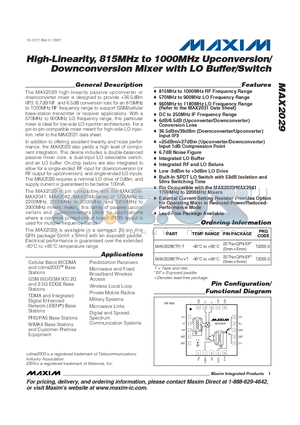 MAX2029ETP/-T datasheet - High-Linearity, 815MHz to 1000MHz Upconversion/ Downconversion Mixer with LO Buffer/Switch