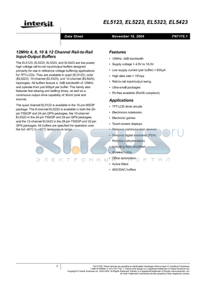 EL5223CL-T13 datasheet - 12MHz 4, 8, 10 & 12 Channel Rail-to-Rail Input-Output Buffers