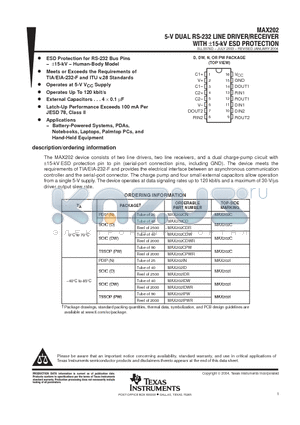 MAX202CDR datasheet - 5-V DUAL RS-232 LINE DRIVER/RECEIVER WITH -15KV ESD PROTECTION