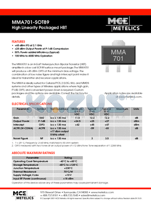 MMA701-SOT89 datasheet - High Linearity Packaged HBT