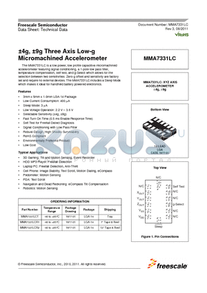 MMA7331LCR2 datasheet - a4g, a9g Three Axis Low-g Micromachined Accelerometer