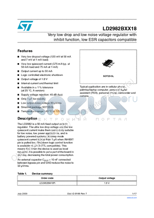 LD2982BXX18 datasheet - Very low drop and low noise voltage regulator with inhibit function, low ESR capacitors compatible