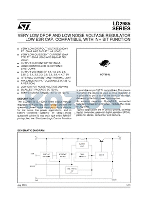 LD2985AM18R datasheet - VERY LOW DROP AND LOW NOISE VOLTAGE REGULATOR LOW ESR CAP. COMPATIBLE, WITH INHIBIT FUNCTION