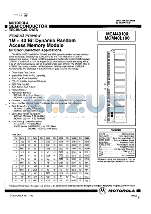 MCM40100S80 datasheet - 1M x 40 Bit Dynamic Random Access Memory Module