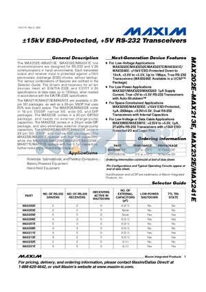 MAX202E datasheet - 15kV ESD-Protected, 5V RS-232 Transceivers