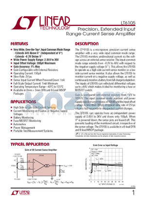LT6105HMS8-PBF datasheet - Precision, Extended Input Range Current Sense Amplifi er