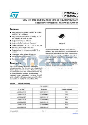 LD2985AM28R datasheet - Very low drop and low noise voltage regulator low ESR capacitors compatible, with inhibit function