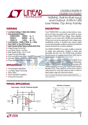 LT6200 datasheet - 165MHz, Rail-to-Rail Input and Output, 0.95nV/Hz Low Noise, Op Amp Family