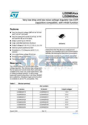 LD2985AXX18 datasheet - Very low drop and low noise voltage regulator low ESR capacitors compatible, with inhibit function