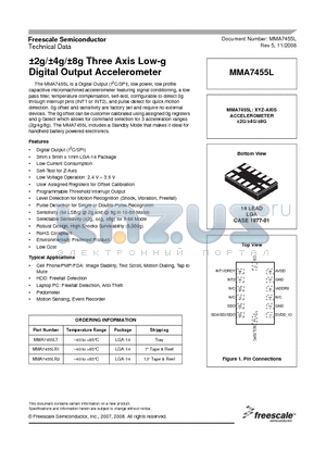 MMA7455LR1 datasheet - a2g/a4g/a8g Three Axis Low-g Digital Output Accelerometer