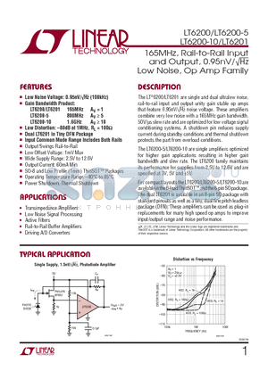 LT6200CS8-5PBF datasheet - 165MHz, Rail-to-Rail Input and Output, 0.95nV/Hz Low Noise, Op Amp Family