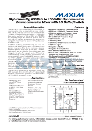 MAX2032ETP+ datasheet - High-Linearity, 650MHz to 1000MHz Upconversion/Downconversion Mixer with LO Buffer/Switch