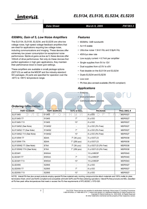 EL5234IY datasheet - 650MHz, Gain of 5, Low Noise Amplifiers