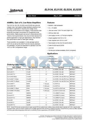 EL5234IY-T13 datasheet - 650MHz, Gain of 5, Low Noise Amplifiers