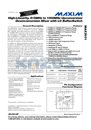 MAX2031ETP datasheet - High-Linearity, 815MHz to 1000MHz Upconversion/ Downconversion Mixer with LO Buffer/Switch