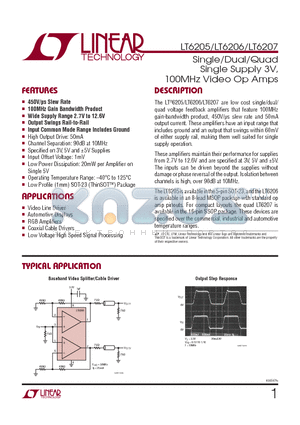 LT6205IS5TRPBF datasheet - Single/Dual/Quad Single Supply 3V, 100MHz Video Op Amps