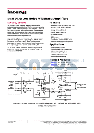EL5237 datasheet - Dual Ultra Low Noise Wideband Amplifiers Voltage Noise: 1.5nV/Hz