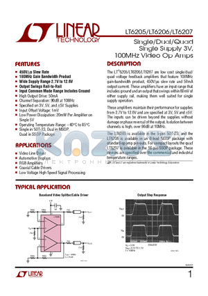 LT6206CMS8 datasheet - Single/Dual/Quad Single Supply 3V, 100MHz Video Op Amps