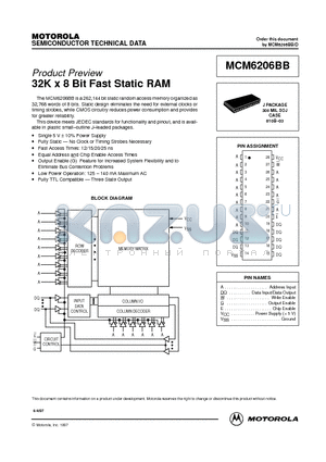 MCM6206BBEJ20 datasheet - 32K x 8 Bit Fast Static RAM