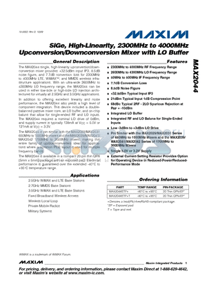 MAX2044ETP+ datasheet - SiGe, High-Linearity, 2300MHz to 4000MHz Upconversion/Downconversion Mixer with LO Buffer