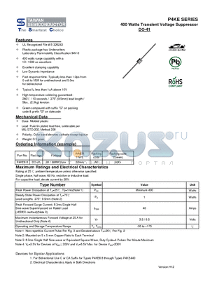 P4KE220A datasheet - 400 Watts Transient Voltage Suppressor Low Dynamic impedance