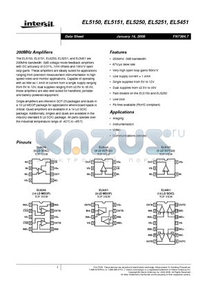 EL5250IY-T13 datasheet - 200MHz Amplifiers
