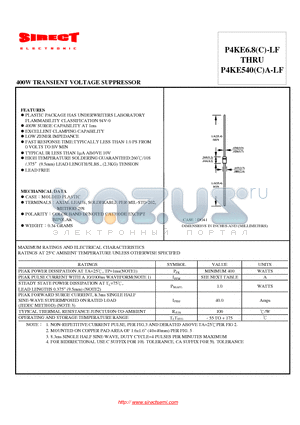 P4KE220A-LF datasheet - 400W TRANSIENT VOLTAGE SUPPRESSOR
