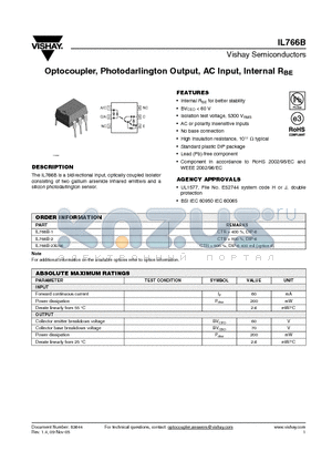 IL766B datasheet - Optocoupler, Photodarlington Output, AC Input, Internal RBE