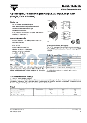 IL755-1X007 datasheet - Optocoupler, Photodarlington Output, AC Input, High Gain (Single, Dual Channel)