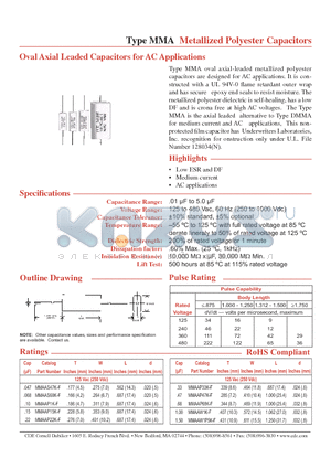 MMAAP22K-F datasheet - Metallized Polyester Capacitors Oval Axial Leaded Capacitors for AC Applications