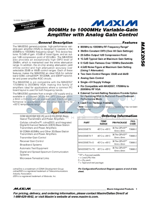 MAX2056ETX-T datasheet - 800MHz to 1000MHz Variable-Gain Amplifier with Analog Gain Control