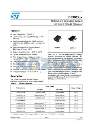 LD39015XG18R datasheet - 150 mA low quiescent current low noise voltage regulator