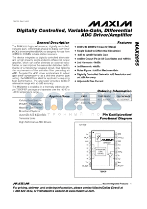 MAX2055EUP-T datasheet - Digitally Controlled, Variable-Gain, Differential ADC Driver/Amplifier