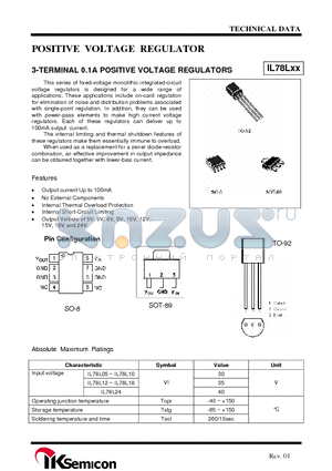 IL78L05 datasheet - POSITIVE VOLTAGE REGULATOR 3-TERMINAL 0.1A POSITIVE VOLTAGE REGULATORS