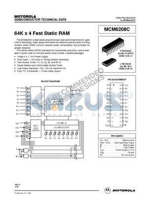 MCM6208CJ20R2 datasheet - 64K x 4 Fast Static RAM