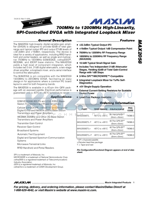 MAX2058ETL+ datasheet - 700MHz to 1200MHz High-Linearity, SPI-Controlled DVGA with Integrated Loopback Mixer