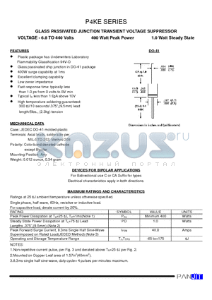 P4KE22A datasheet - GLASS PASSIVATED JUNCTION TRANSIENT VOLTAGE SUPPRESSOR(VOLTAGE - 6.8 TO 440 Volts 400 Watt Peak Power 1.0 Watt Steady State)
