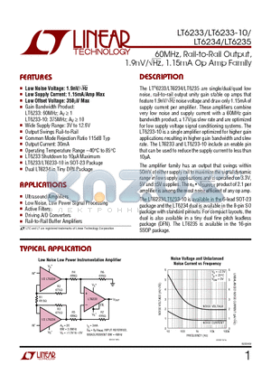 LT6233IS6-10 datasheet - 60MHz, Rail-to-Rail Output, 1.9nV / SIGME Hz, 1.15mA Op Amp Family