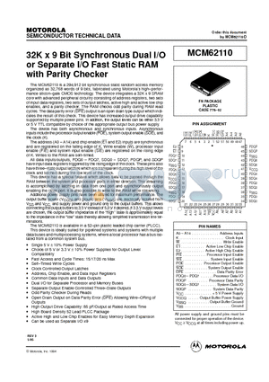 MCM62110FN20 datasheet - 32K x 9 Bit Synchronous Dual I/O or Separate I/O Fast Static RAM with Parity Checker