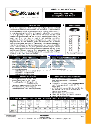 MMAD1103E3 datasheet - Switching Diode Array Steering Diode TVS ArrayTM