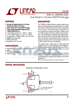 LT6300 datasheet - 500mA, 200MHz X DSL LINE DRIVER IN 16-LEAD SSOP PACKAGE