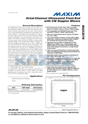 MAX2078 datasheet - Octal-Channel Ultrasound Front-End with CW Doppler Mixers